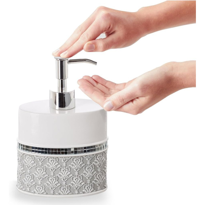 Набір аксесуарів для ванної кімнати Creative Scents Mirror Damask (6 предметів) - Дозатор для мила, мильниця, стакан, тримач для зубної щітки, кришка для серветок, сміттєвий кошик (сірий та білий)