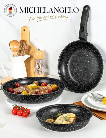 Набір сковорідок Michelangelo 4 шт. (20/24/28 см) знімний ручка, для індукції, антипригарне покриття мармур, до 240°C, чорний