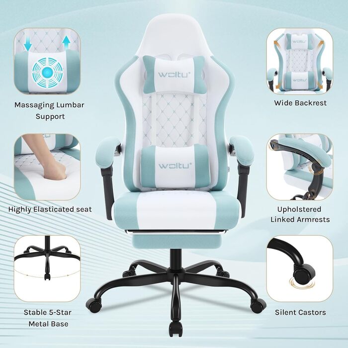 WOLTU Gaming Chair with Massage Function, Computer Chair with Pocket Spring Cushion, Ergonomic Gamer Recliner, Swivel Chair with Headrest, Lumbar Pillow, Footrest, Mesh Fabric, White+Blue, GS15bws White+blue Mesh Fabric