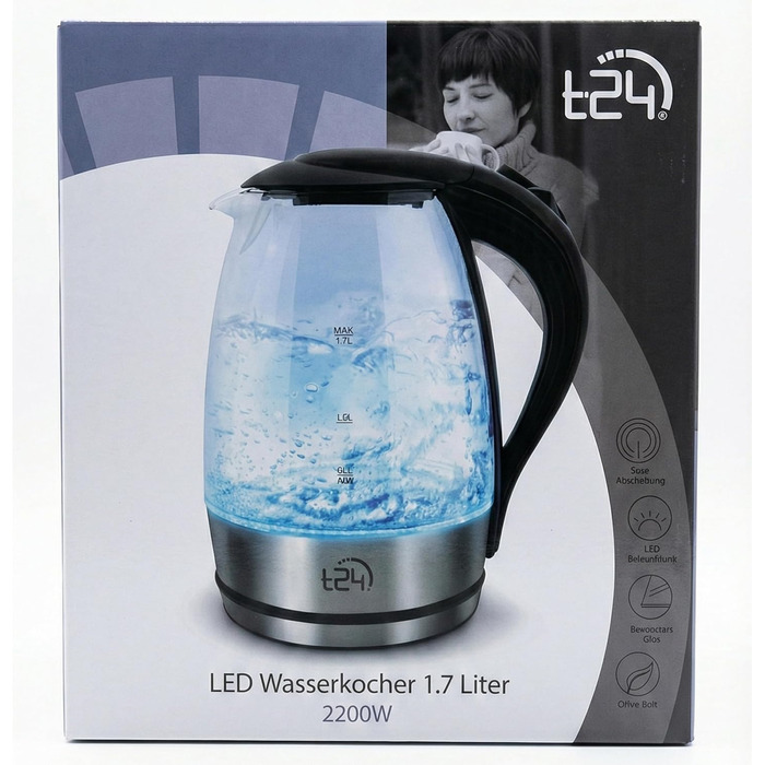 Скляний електричний чайник T24 79020 з LED-підсвіткою, 1.7 л, 2200 Вт, захист від перегріву, без BPA, сріблястий