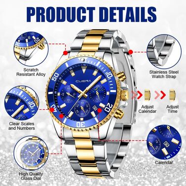 Годинник чоловічий OFF-CUP з датою, кварцовий хронограф, водостійкий, сталевий браслет, класичний стиль, бізнес-годинник (Золотий, Синій)