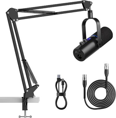 Мікрофон Ortizan XLR/USB для геймінгу та подкастингу з регулятором гучності, кріпленням, ефектами та шумозаглушенням - Чорний