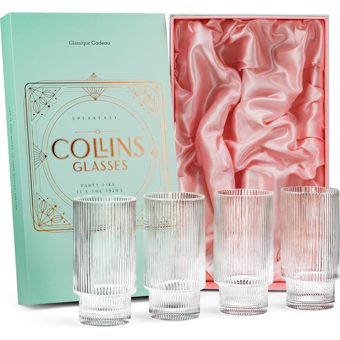 GLASSIQUE GIFT Vintage Art Deco Collins Gin Longdrink Ribbed Cocktail Glasses | 4-Piece Set | 400 ml Slim Tall Ribbed Highball Longdrink Glasses for Mojito Cocktails