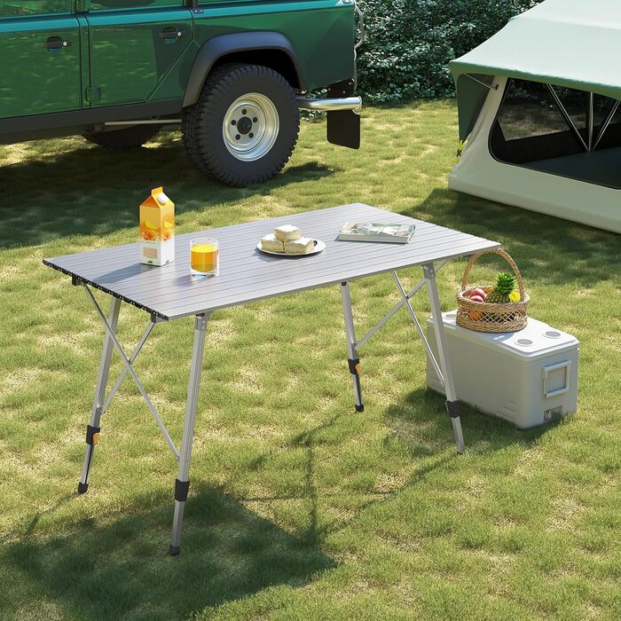 Стіл туристичний розкладний WOLTU, 120x68.5 см, сріблястий. Регульована висота, з сумкою та розкатним покриттям. Для кемпінгу, саду, балкону (4-6 осіб)