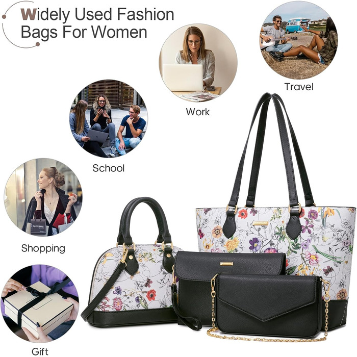 Bagsure Сумка жіноча 4 в 1: сумка-шопер, сумка на плече, ділова сумка для офісу, школи, подорожей (квітковий принт)