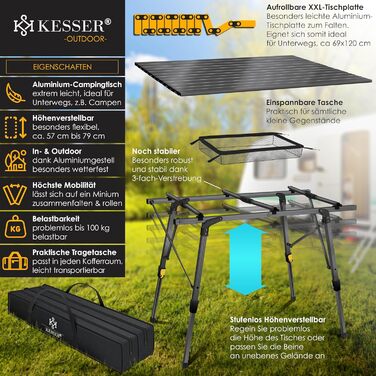 Складний кемпінговий стіл KESSER® алюмінієвий 120x70 см, до 100 кг, з сумкою для транспортування, антрацит