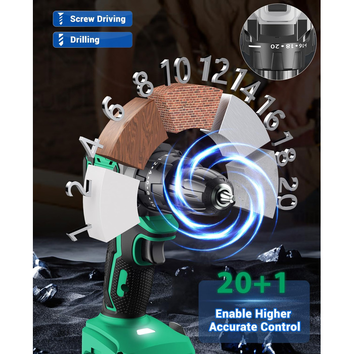 Акумуляторний шуруповерт безщітковий 21V BETENST з акумулятором 2.0Ah, 45Nm, 20 моментів, патрон 10mm, 2 швидкості, 20-ти елементний набір для дому, саду та DIY проектів (зелений)