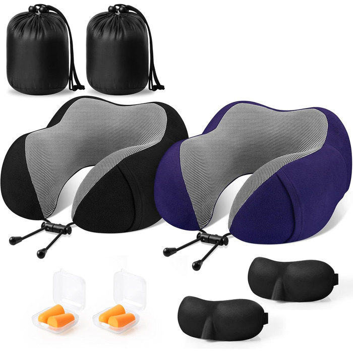 Подушка для шиї CloudBliss Premium з Memory Foam: для подорожей, авто, офісу та дому. Зменшує біль, забезпечує комфортний сон. 2 шт. (Чорний та Морський блакитний)