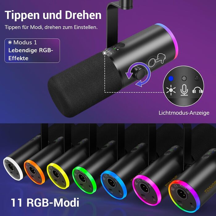 Професійний геймерський мікрофон TONOR TD510 AIR S+H XLR/USB з шумозаглушенням AI, RGB підсвічуванням, Tap-Mute, чорний