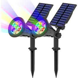 T-SUN LED Solar Spotlights, 2 Pack 4 LED Solar Garden Lights, Bright Garden Light, 2 Lighting Modes, Safety Lighting, Large Outdoor Light for Lawn, Paths, Terrace (Cool White 6000K) (7led-rgb, 2 Pack)
