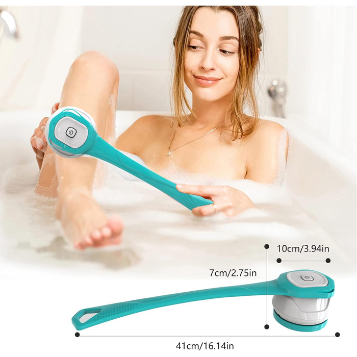 Electric Shower Brush, Body Brush Electric Back Scrubber with Long Handle, Back Brush Shower Massage Brush with 6 Cleaning Heads, Bath Brush for Spa Shower Peeling Massage Brush (Blue)