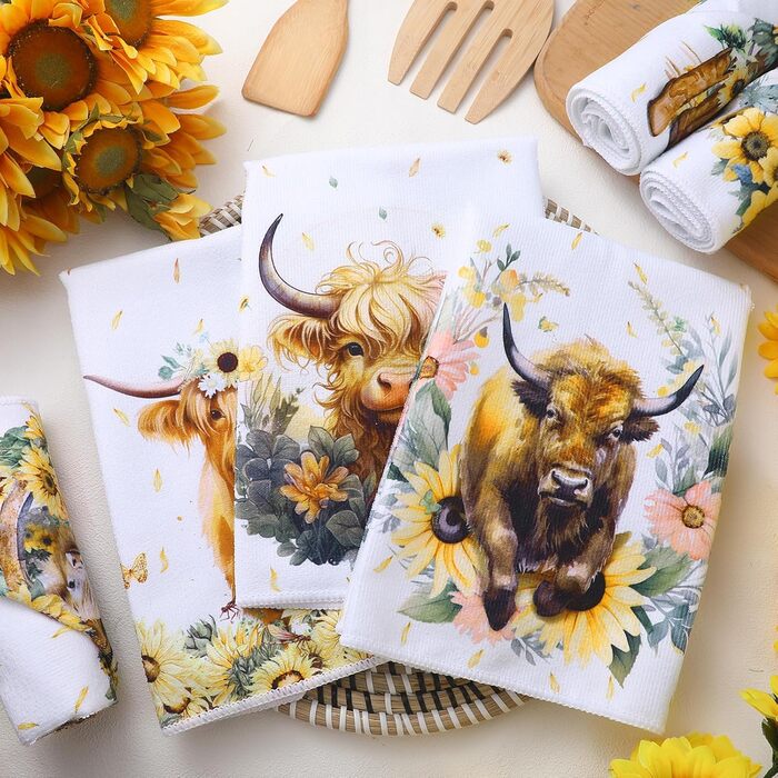 Redbaker Dishcloths with Highland Cow Design, Absorbent, Farm Cow, Watercolor Floral Pattern, Sunflower Towels, Housewarming Gift for Farmhouse, Kitchen, 6 Pieces