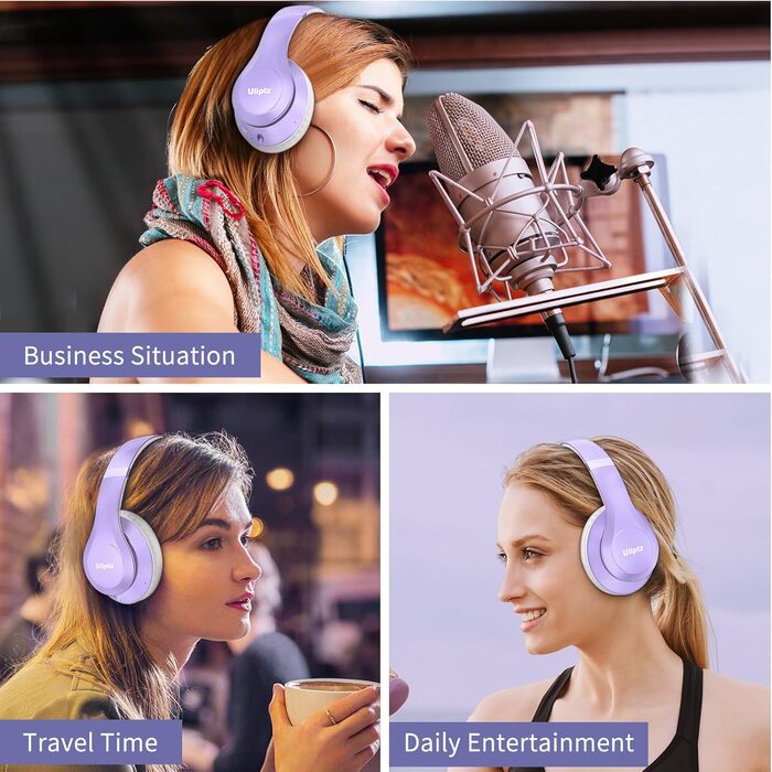 Бездротові навушники Uliptz Bluetooth Over Ear: 65 годин роботи, 6 EQ-режимів, HiFi стерео, складна конструкція, для подорожей/офісу/телефону/ПК (фіолетовий)