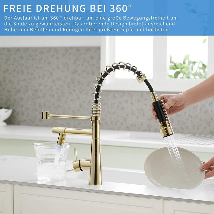 Змішувач кухонний LED Chrome з висувною лійкою, 360° поворот, 2 виходи, високий тиск (золотий)