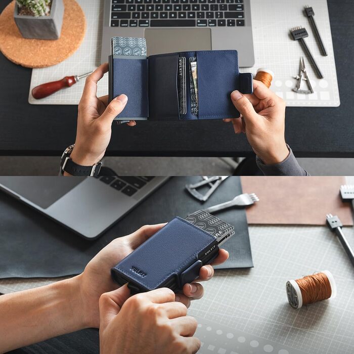 Чоловіче картхолдер VULKIT з RFID захистом: шкіряний гаманець для карток та грошей (справжня шкіра, темно-синій)