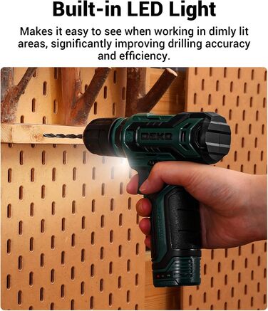 Набір акумуляторної дрилі DEKO 12V: 238 штук інструментів у кейсі. Акумуляторний дриль-шуруповерт для дому, жінок та базового ремонту. Зелений.