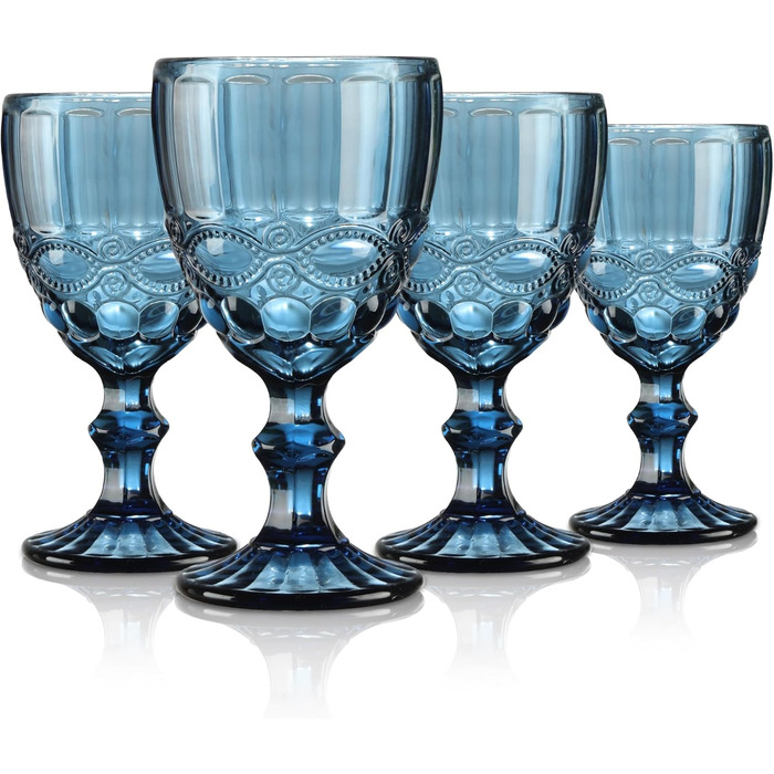 Joeyan Blau Vintage Wine Glasses with Embossed Design, Colored Relief Red Wine Glasses White Wine Glasses, Drinking Glasses, Goblet Glasses, Wine Goblet for Wine Juice Drinks, 300 ml, Set of 4, Dishwasher Safe