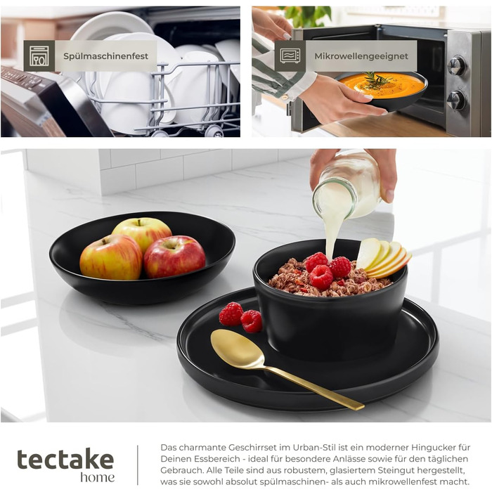 Набір посуду tectake® на 6 осіб, 30 предметів, чорний, з тарілок, мисок, глибоких тарілок та салатників