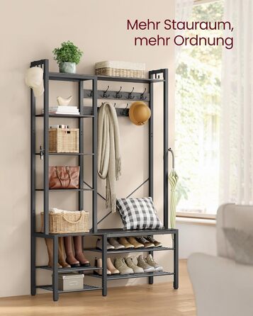 VASAGLE Coat Rack with Shoe Bench, Wardrobe, 5 Shelf Levels made of Particleboard, 9 Triple Hooks, 6 Side Hooks, 40 x 120 x 190 cm, Stone Grey-Ink Black HSR426B04