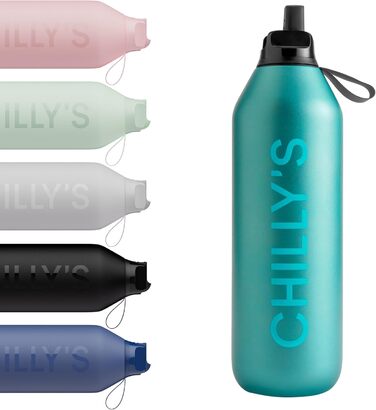 Chilly's Series 2 Flip Bottle - Thermos Flask with Sport Cap, Telescopic Straw, and Nylon Carry Loop - Stainless Steel Bottle with Easy Flip Opening, Includes Straw Cleaning Brush (Atlantis, 1000ml)