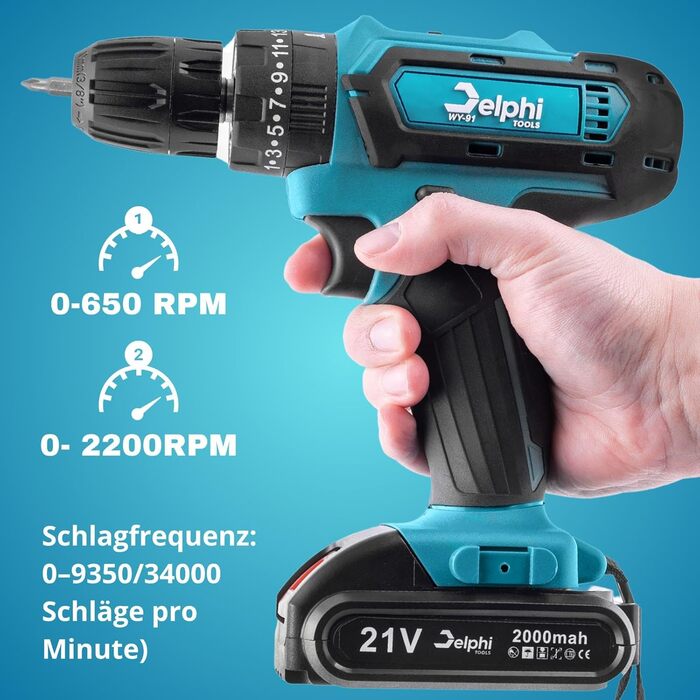 Акумуляторний ударний шуруповерт Delphi з 2 акумуляторами та зарядним пристроєм (50 Нм, 2200 об/хв - 2 швидкості) 21V комплект з кейсом (41 шт.) 2 x 2000 mAh з LED-підсвічуванням