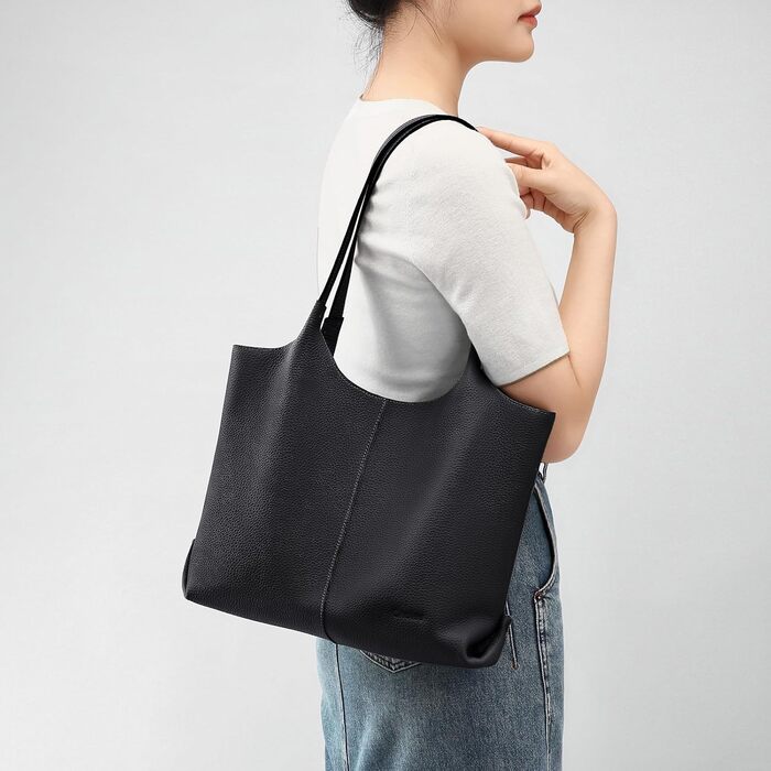 Жіноча шкіряна сумка-шопер Cnoles для офісу, школи, покупок (Чорна, 39x12x28.5 см)