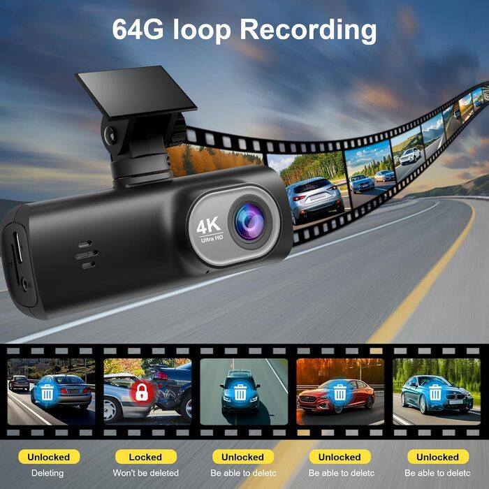 Відеореєстратор для авто 4K + 1080P з WiFi, нічною зйомкою та паркуванням, 64GB карта в комплекті