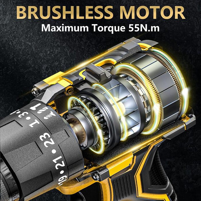 Акумуляторний шуруповерт 21V з набором 2 акумулятори 2.0Ah, 55Nm, 23+3 ступені, 10мм патрон, 2 швидкості, LED-ліхтик, 24шт аксесуарів та кейс для дому та саду