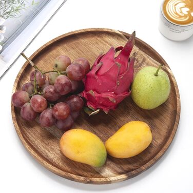 Round Wooden Tray, Acacia Wood Serving Tray, Serving Platter, Appetizer Charcuterie Board, Tray Organizer for Kitchen/Countertop, 35.1 x 35.1 x 2 cm