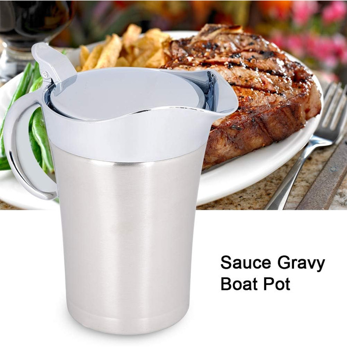 Thermo Sauce Pot made of 304 Stainless Steel, Double-Walled, Insulated Sauce Pot with Lid, Serving Jug, Bucket with Drip-Free Spout for Juice, Tomato Sauce, Kitchen Accessories (Large 750ml)