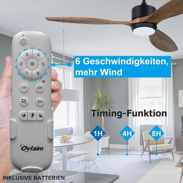 Стеляний вентилятор Ovlaim з підсвічуванням, пультом керування, DC мотор, 3 лопаті, 132 см, для вітальні/спальні, натуральний колір/срібло