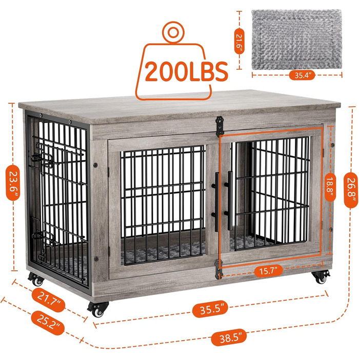 Клітка для собак Lulive, дерев'яна будка для дому, з подвійними дверима, 96,5 см, міцна переноска з подушкою та колесами, декоративний столик, дім для тварин, купик для великих/середніх собак, сірий, 98 x 64 x 68 см