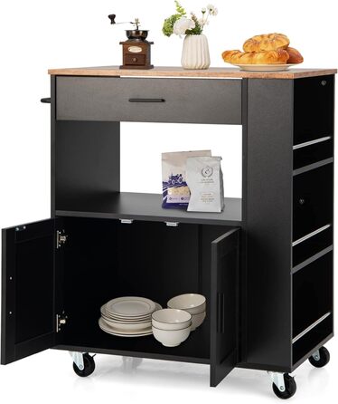 Giantex Rolling Kitchen Cart with Countertop - Kitchen Island with Storage, Mobile Kitchen Trolley with Drawer & 3 Shelves (White & Black)