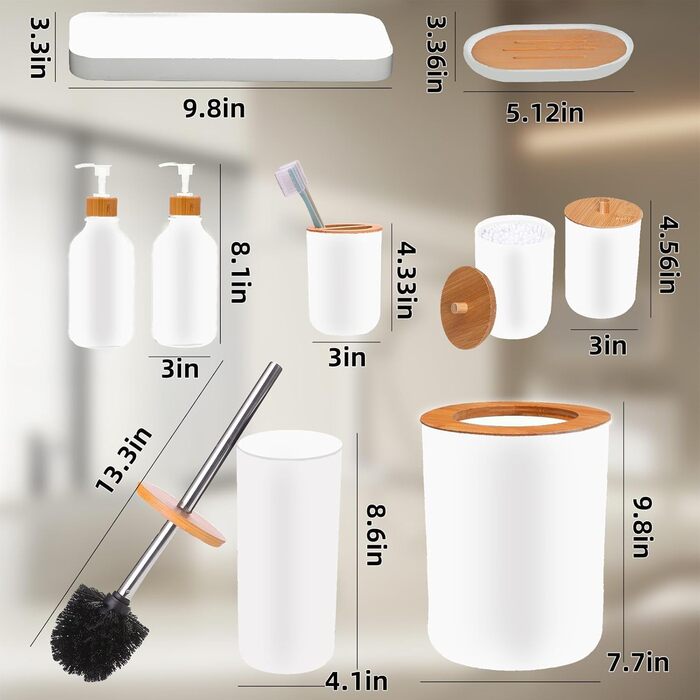 Набір аксесуарів для ванної кімнати, 9 предметів, бамбук, повний комплект: сміттєвий контейнер, дозатор мила, тримач для зубних щіток, щітка для унітазу, контейнер для ватних паличок, мильниця, матовий білий/оптичний сад