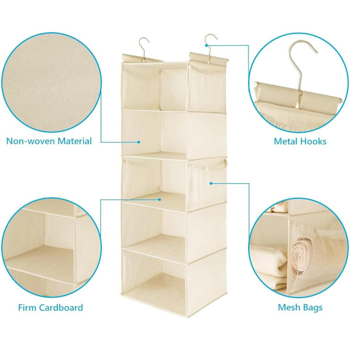 Органайзер для шафи MAX Houser з 5 полицями, для економії місця, з 4 кишенями збоку, складний, бежевий