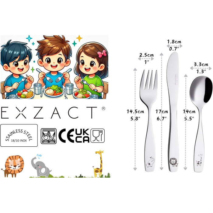 Набір дитячого столового прибору EXZACT Kinderbesteck Set 18-ти частинний з нержавіючої сталі для дітей від 2 років - з гравіюванням, придатний для миття в посудомийній машині (Safari X 18)
