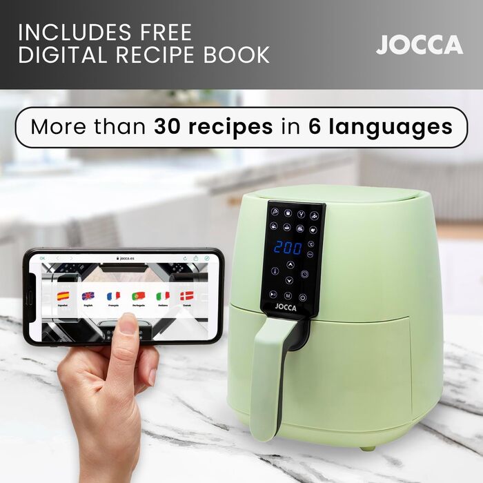 JOCCA Аерофритюрниця 3,8 л зелена, без олії, таймер, регульована температура, 1450 Вт, для здорового приготування