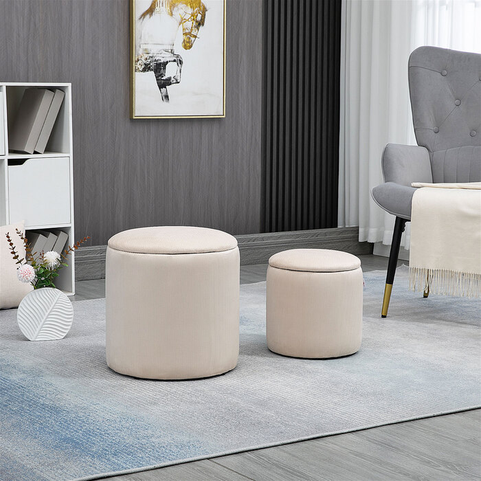 HOMCOM 2-Pack Storage Ottomans with Lid - Footstools with Removable Cover in Corduroy-Look Cream White 40 x 40 x 41 cm | Aosom