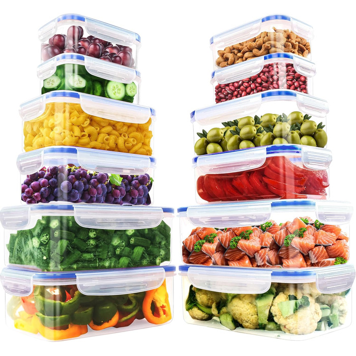 Набір контейнерів KICHLY 24 шт. з кришками: 12 контейнерів та 12 кришок. Герметичні контейнери для зберігання продуктів, Meal Prep, заморожування. Без BPA. Організатор для кухні (Блакитний)