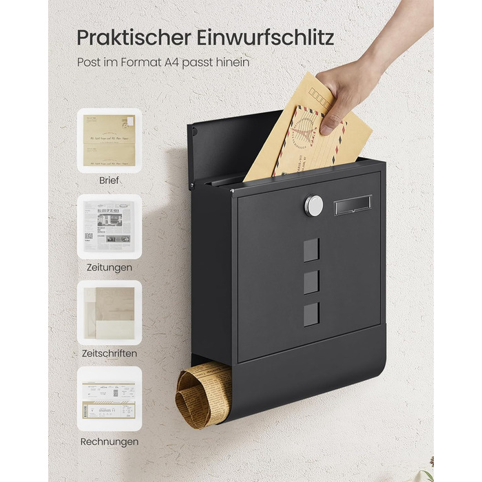 Поштова скринька SONGMICS з замком, оглядовим вікном та відділенням для газет, сіра, 10x30.8x33.8 см (GMB20AG)