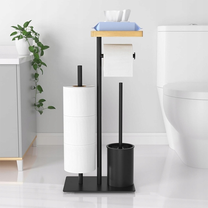 Набір для ванної кімнати: підставка для туалетного паперу з полицею та йоржик для унітаза, чорний метал, Interior