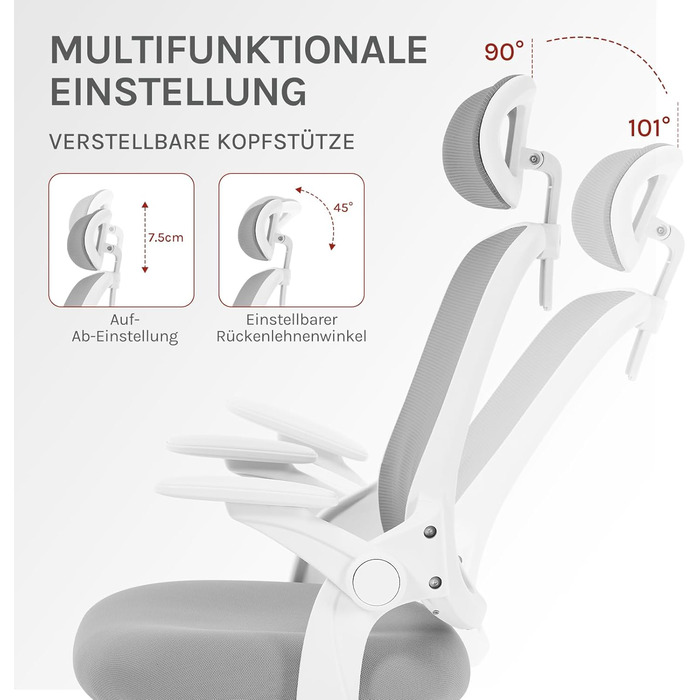 Офісний стілець WOLTU ергономічний з регульованою підголівником та підтримкою попереку, функцією гойдання, для офісу, 150 кг, світло-сірий