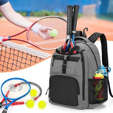 DSLEAF Tennis Bag for 2 Rackets - Backpack with Shoe Compartment - Sports Training Gym Bag for Tennis, Pickleball, Badminton, Squash - Grey