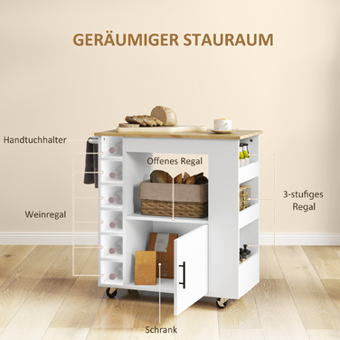 HOMCOM Kitchen Cart Serving Cart with Worktop, Shelves, Wine Racks, Kitchen Cabinet Rolling Cart with Soft-Close Hinges, Handle, Kitchen Island for Office, 83x40x83cm, Oak | Aosom