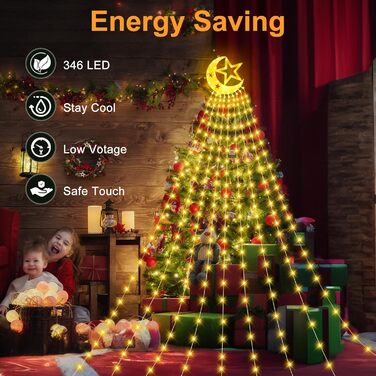 Гірлянда для ялинки 3,5м, 346 LED, 9 струмків, зірка-верхівка, 8 режимів, вологостійка, тепле біле світло