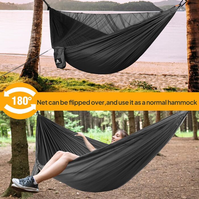 Гамак для кемпінгу NatureFun з москітною сіткою | Макс. навантаження 300 кг, 290 x 140 см | Швидковисихаючий нейлон, повний комплект, чорний