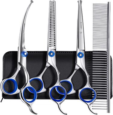 Професійна ножиця для собак 5-в-1 Gimars, 4CR з безпечною закругленою на кінці, титанове покриття, пряма, філірувальна та вигнута, блакитна