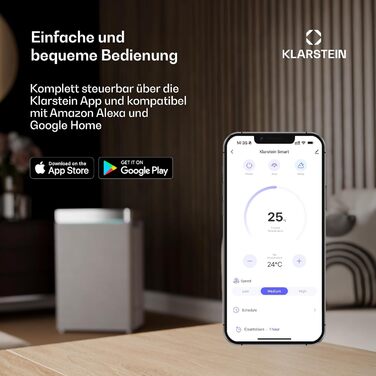 Стельовий вентилятор Klarstein Santa Elena Smart: з Wi-Fi, пультом, 6 швидкостей, дерев'яні лопаті, режими зима/літо, 132 см, клен