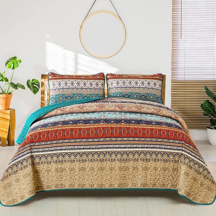 WONGS BEDDING Bedspread 220x240 Bed Cover Bohemian Quilt Steppdecke 3-Piece Double Bed Quilted Bedspread Microfiber Throw Blanket with 2 Pillowcases 50x70 for Bedroom as Sofa Cover (Bohemian) (200x220 cm, Brown Green)