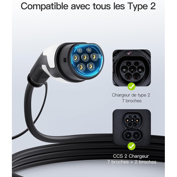 Кабель зарядки Tomons для електромобілів, 32A, 3-фазний, Тип 2, з чохлом та мікрофіброю, сумісний з Tesla Model S/3/X/Y, Volkswagen ID.3, ID.4 (22kW, 7м)